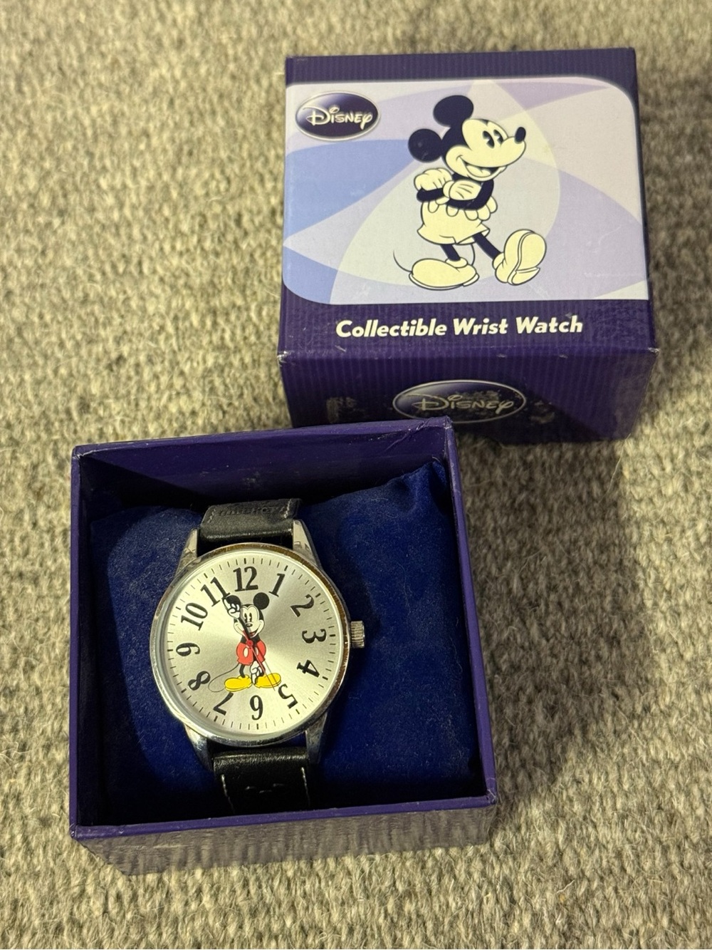 Disney Black Leather Strap Mickey Mouse Watch with Silver Case and White Dial